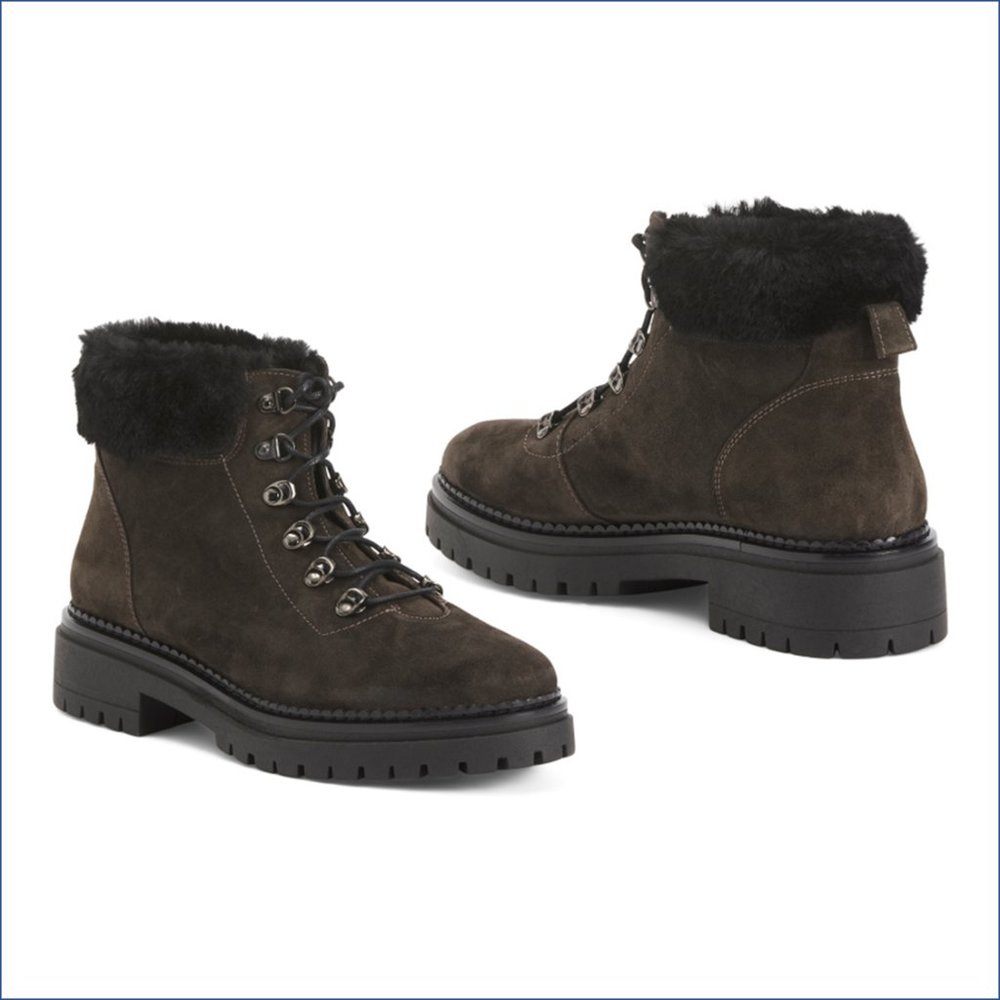 NEW! FABIANELLI Italian Handcrafted Suede Shearling Lace Up Booties, Charcoal